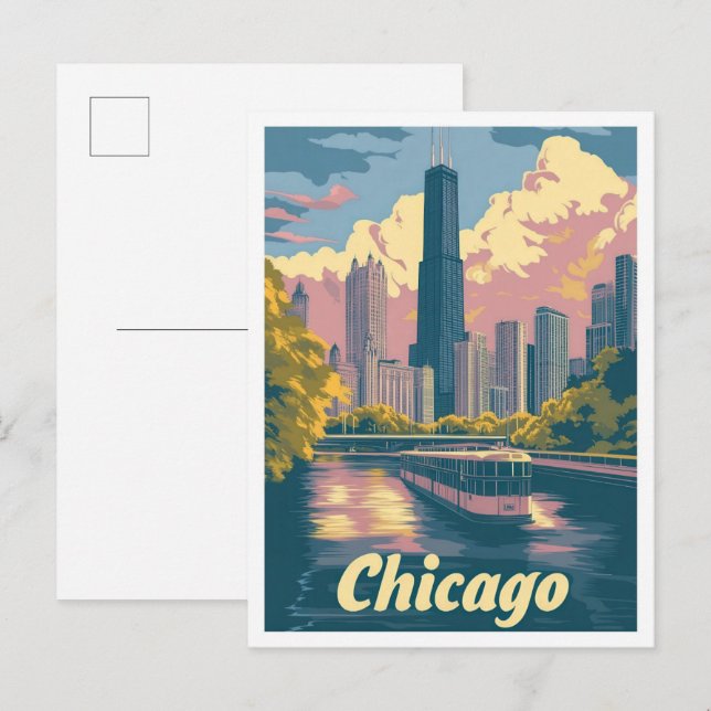 Chicago Illinois USA Vintage Travel Illustration Postcard (Front/Back)