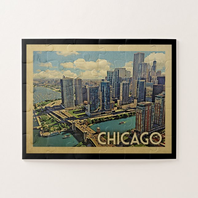 Chicago Illinois Vintage Travel Jigsaw Puzzle (Horizontal)