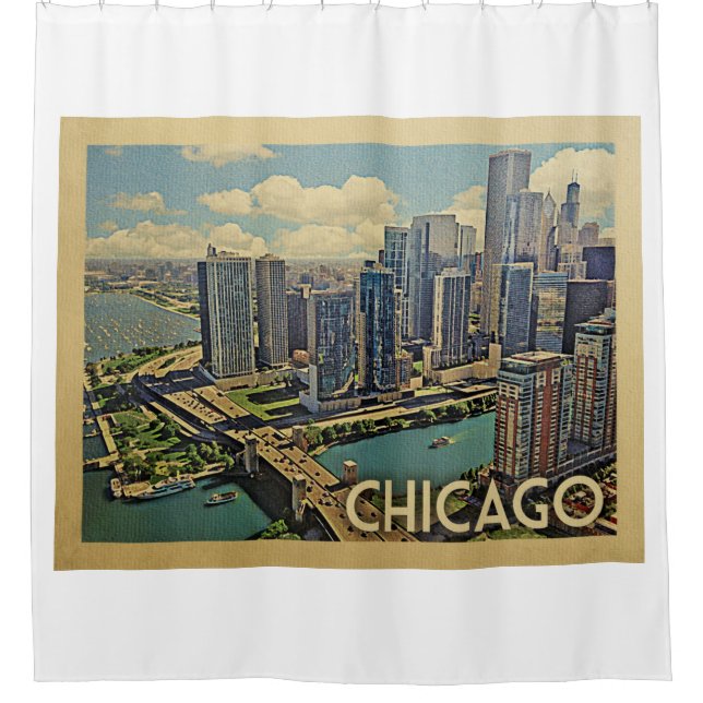 Chicago Illinois Vintage Travel Shower Curtain (Front)