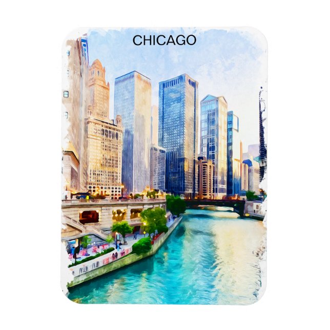Chicago Illinois Watercolor City View Magnet (Vertical)