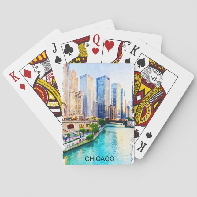 Chicago Illinois Watercolor City View Playing Cards (Back)
