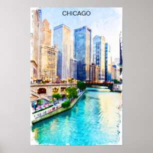 Chicago Illinois Watercolor City View Poster