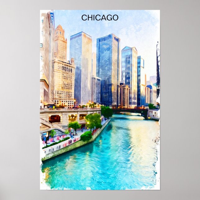 Chicago Illinois Watercolor City View Poster (Front)