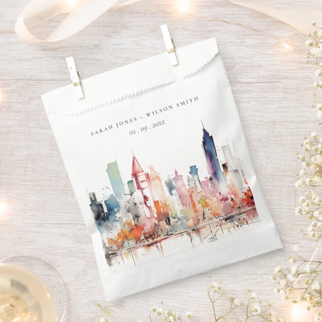 Chicago Illinois Watercolor Landscape Wedding Favour Bags (Clipped)
