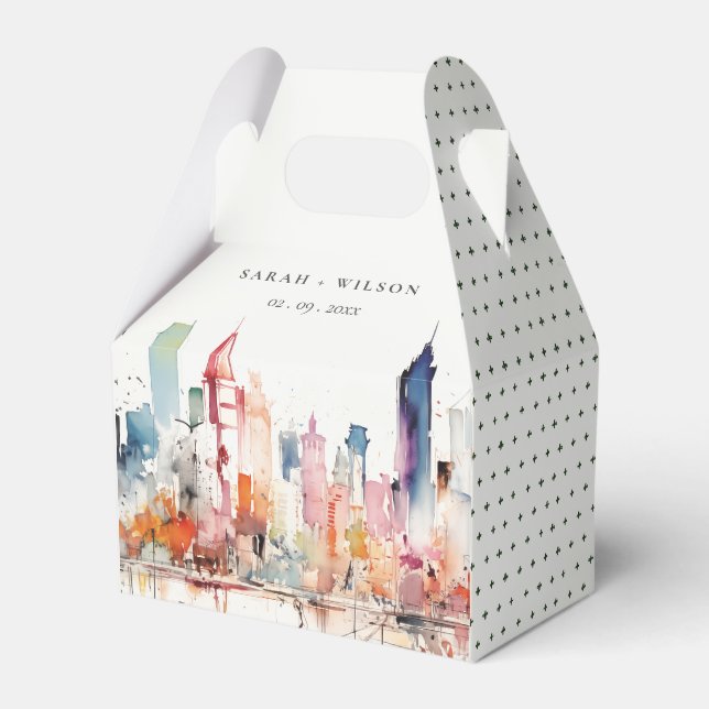 Chicago Illinois Watercolor Landscape Wedding Favour Box (Front Side)