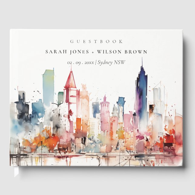 Chicago Illinois Watercolor Landscape Wedding Guest Book (Front)