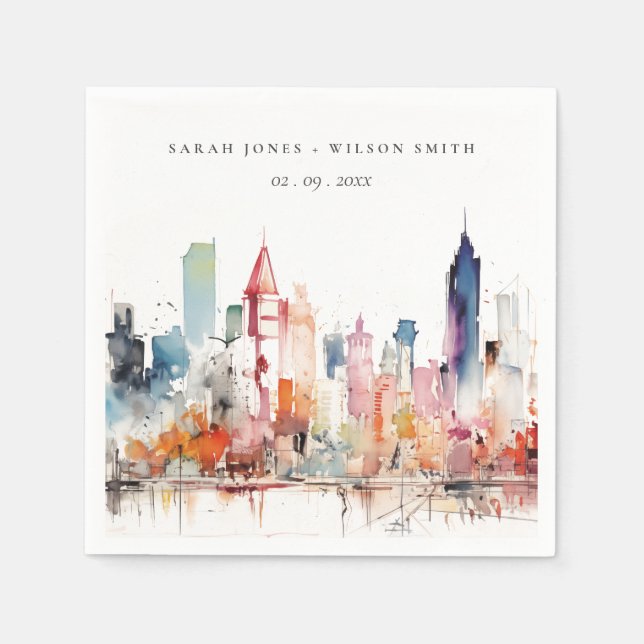 Chicago Illinois Watercolor Landscape Wedding Napkin (Front)