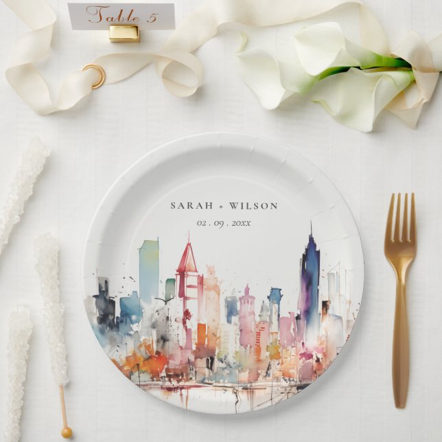 Chicago Illinois Watercolor Landscape Wedding Paper Plate (Wedding)