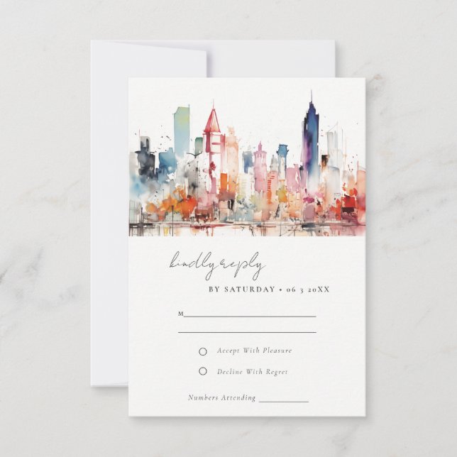 Chicago Illinois Watercolor Landscape Wedding RSVP Card (Front)