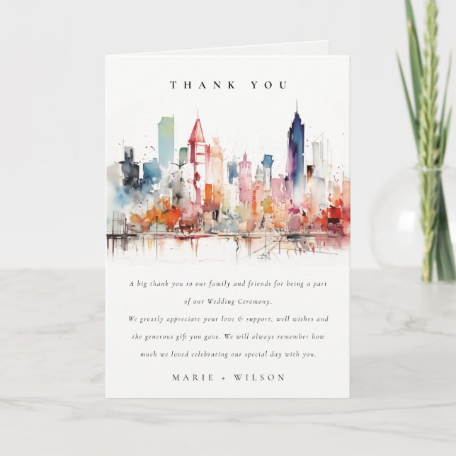 Chicago Illinois Watercolor Landscape Wedding Thank You Card (Front)