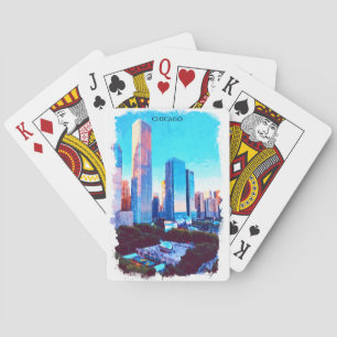 Chicago Illinois Watercolor Paint Illustration Playing Cards