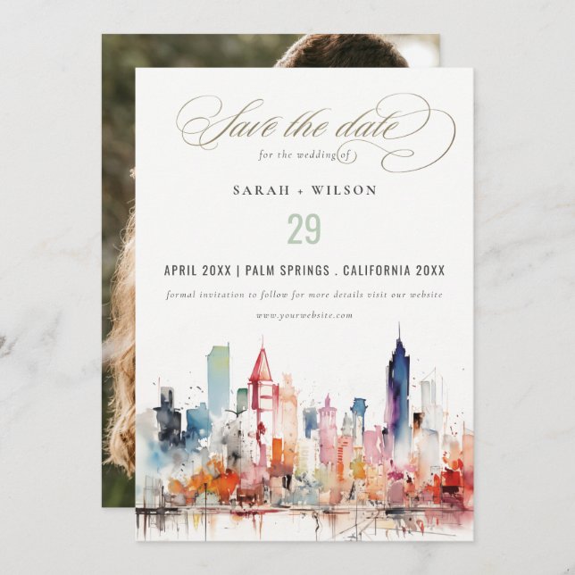 Chicago Illinois Watercolor Scape Photo Wedding Save The Date (Front/Back)