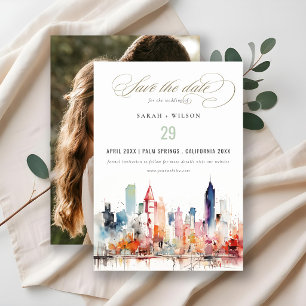 Chicago Illinois Watercolor Scape Photo Wedding Save The Date