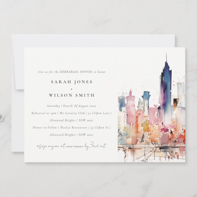 Chicago Illinois Watercolor Scape Rehearsal Dinner Invitation (Front)