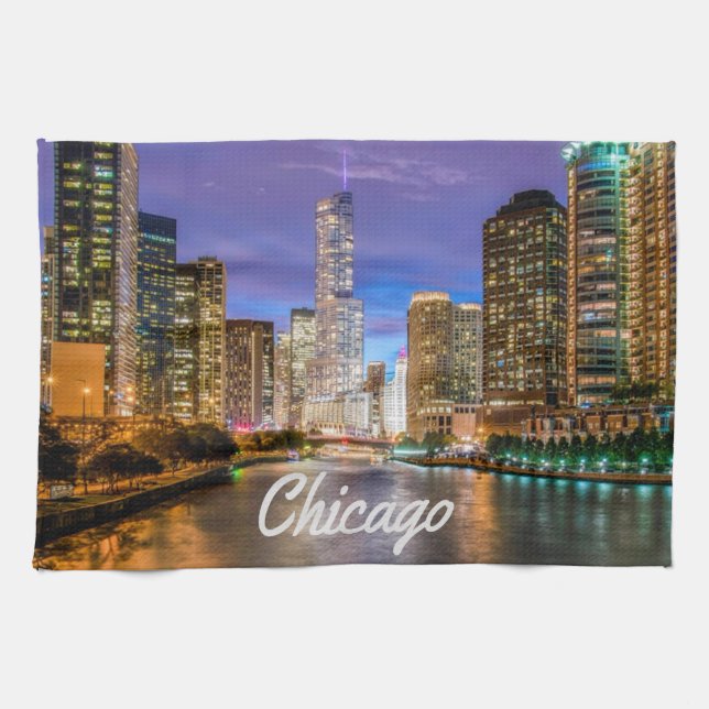 Chicago Illinos City At Night Tea Towel (Horizontal)