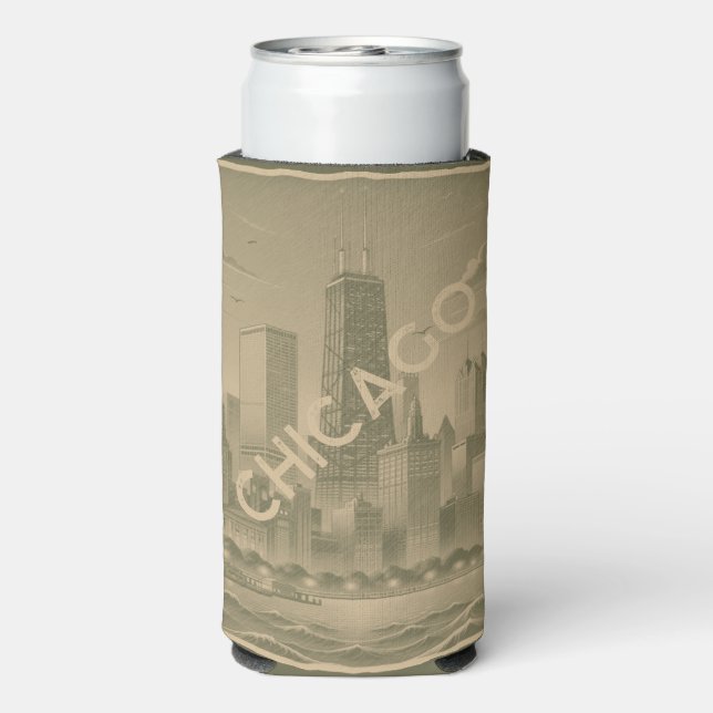 Chicago Khaki Green Tan Skyline Seltzer Can Cooler (Seltzer Back)