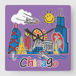 Chicago Kids Cute Skyline Square Wall Clock