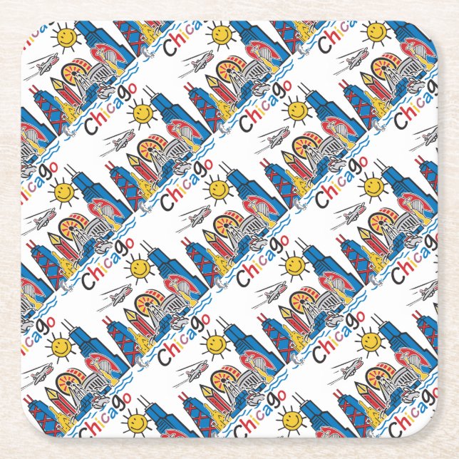 Chicago Kids Skyline Square Paper Coaster (Front)