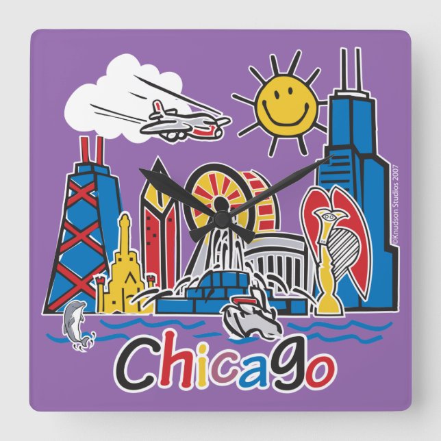 Chicago Kids Skyline Square Wall Clock (Front)