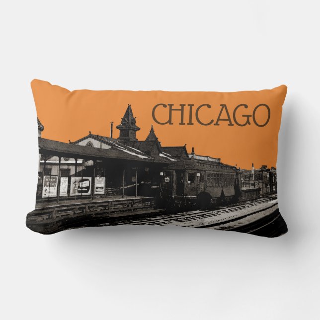 Chicago L 1950 Watercolor Sepia Photograph Subway Lumbar Cushion (Front)