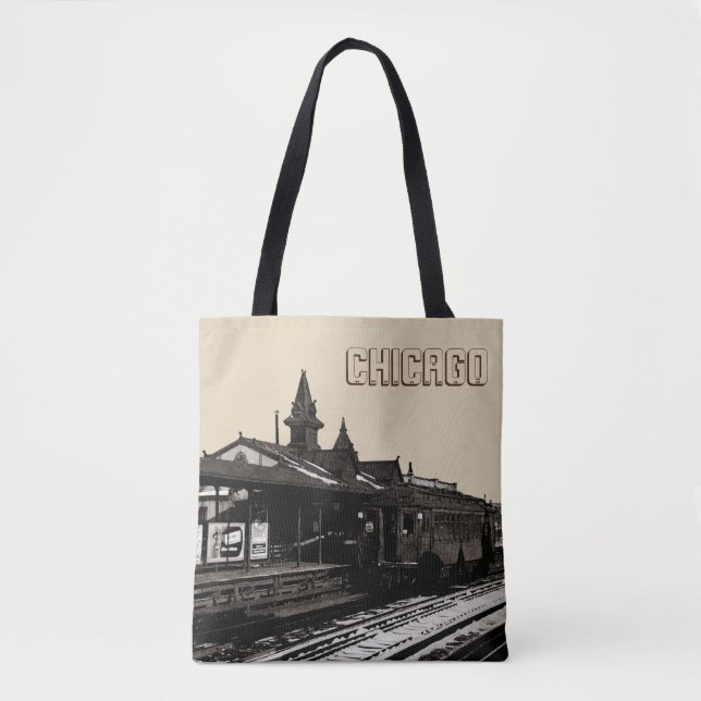Chicago L 1950 Watercolor Sepia Photograph Subway Tote Bag (Front)