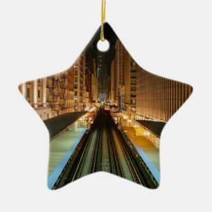 Chicago 'L' Station at Night Ceramic Tree Decoration