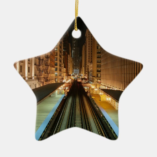 Chicago 'L' Station at Night Ceramic Tree Decoration (Front)
