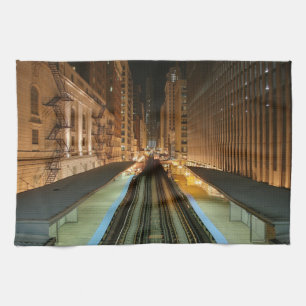 Chicago 'L' Station at Night Tea Towel
