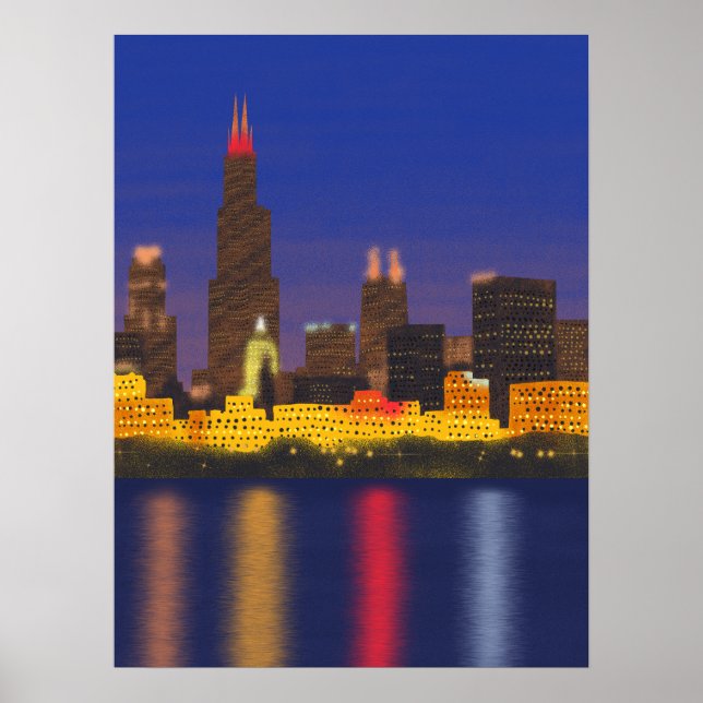 Chicago Lake Skyline at Night Poster (Front)