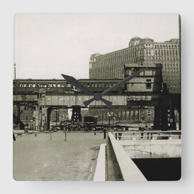 CHICAGO MERCHANDISE MART TROLLEY TRAIN WATERCOLOR SQUARE WALL CLOCK (Front)