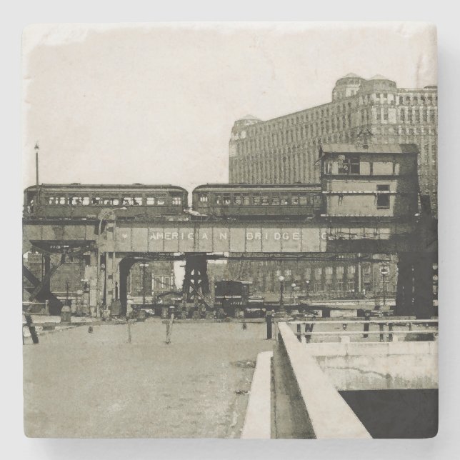 CHICAGO MERCHANDISE MART TROLLEY TRAIN WATERCOLOR STONE COASTER (Front)