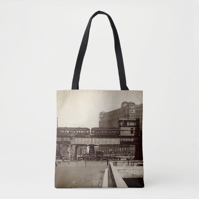 CHICAGO MERCHANDISE MART TROLLEY TRAIN WATERCOLOR TOTE BAG (Front)