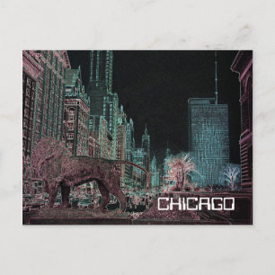 CHICAGO MICHIGAN AVENUE @ ART MUSEUM 1967 NEON POSTCARD