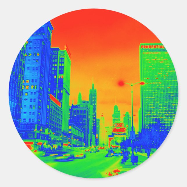 Chicago Michigan Avenue @ Night 1967 Neon Colourfu Classic Round Sticker (Front)