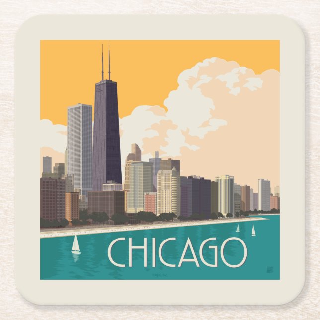Chicago | Modern Skyline Square Paper Coaster (Front)