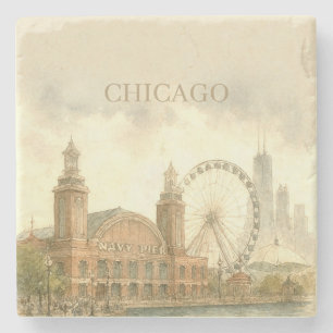Chicago Navy Pier Custom Watercolor Landmark Stone Coaster