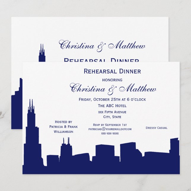 Chicago Navy Skyline Silhouette Rehearsal Dinner Invitation (Front/Back)