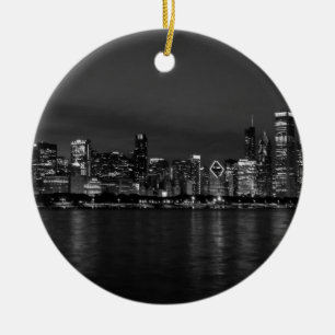 Chicago Night Cityscape Grayscale Ceramic Tree Decoration