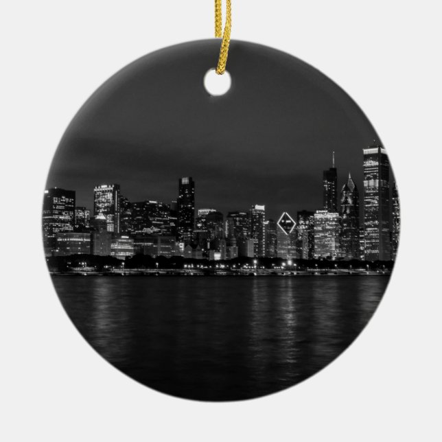 Chicago Night Cityscape Grayscale Ceramic Tree Decoration (Front)