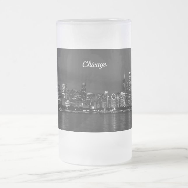 Chicago Night Cityscape Grayscale Frosted Mug (Center)