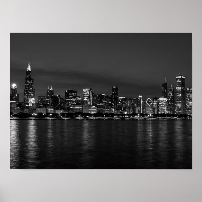 Chicago Night Cityscape Grayscale Poster (Front)