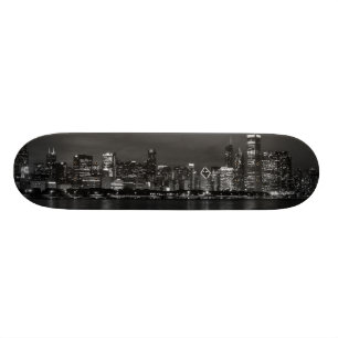 Chicago Night Cityscape Grayscale Skateboard