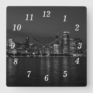 Chicago Night Cityscape Grayscale Wall Clock