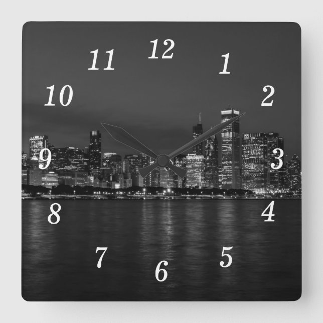 Chicago Night Cityscape Grayscale Wall Clock (Front)