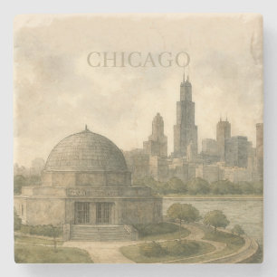 Chicago Planetarium Custom Watercolor Landmark Stone Coaster