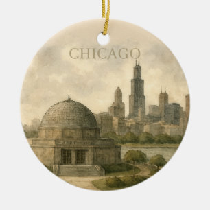 Chicago Planetarium Watercolor Landmark Photo Ceramic Tree Decoration
