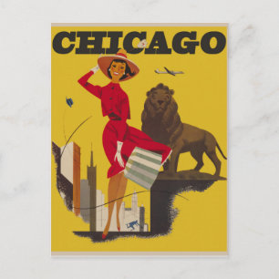 Chicago Red Dress Woman Vintage Travel Postcard