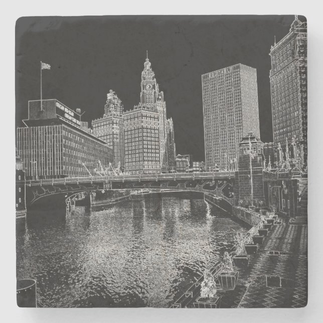 Chicago River 1967 Wrigley Building Sun Times Bldg Stone Coaster (Front)