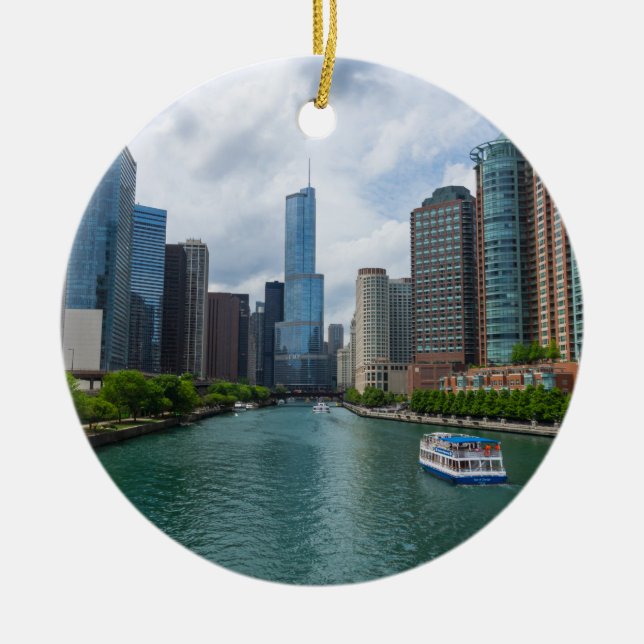 Chicago River and Trump Tower Ceramic Tree Decoration (Front)