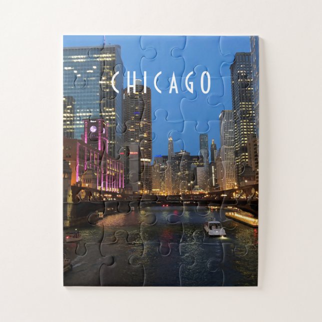 Chicago River at Night Kids Jigsaw Puzzle (Vertical)